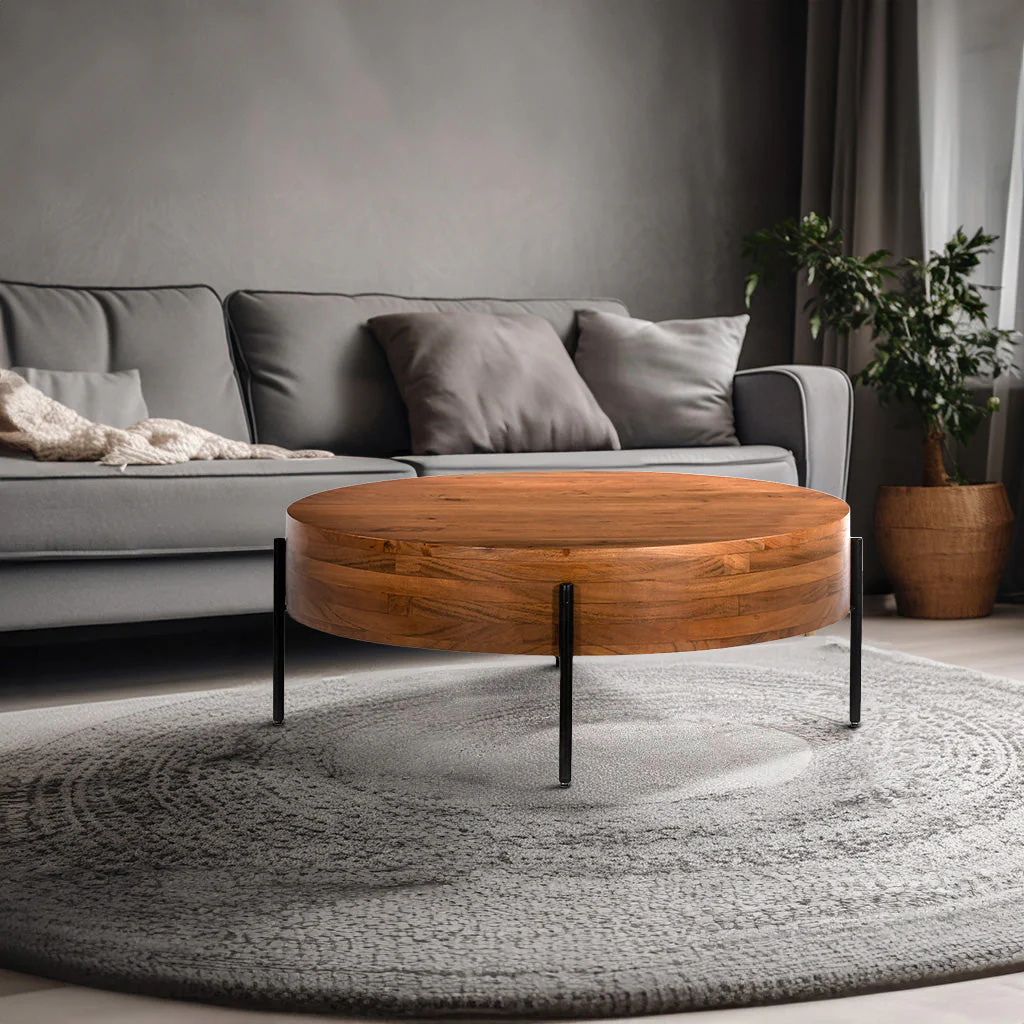 Round Wood Coffee Table With Black Legs